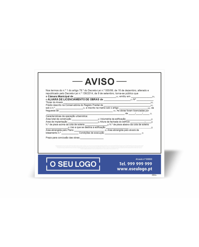 Placa de Aviso Personalizada 120x100cm - Alvará de Licenciamento de Obras - MOD. 2 - Horizontal