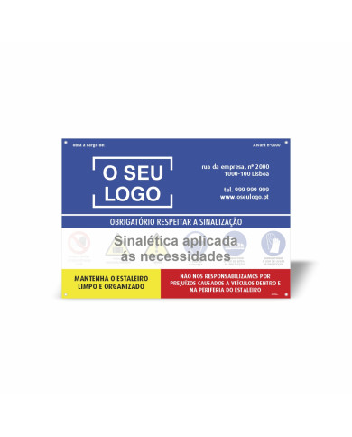 Placa de Obra c/ sinalética de segurança aplicada às necessidades (Horizontal)