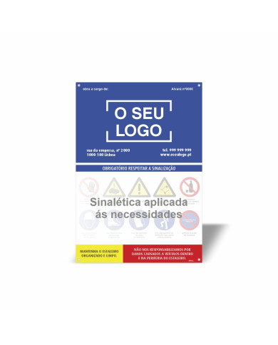 Placa de Obra c/ sinalética de segurança aplicada às necessidades (Vertical)