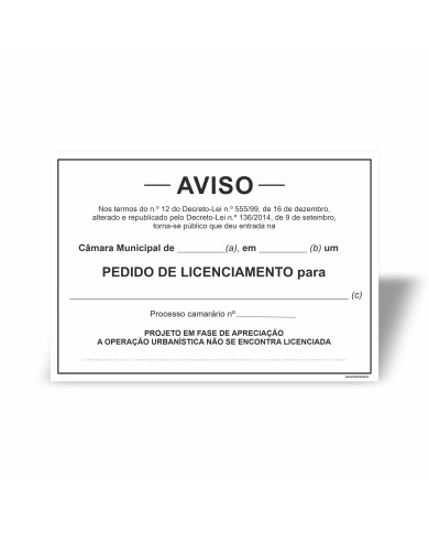 Placa de Aviso - Pedido de Licenciamento - MOD.1