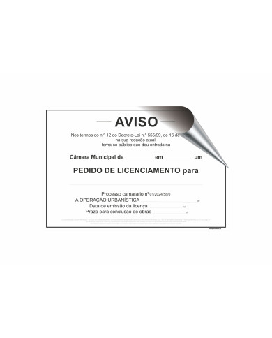 Autocolante Aviso - Pedido de Licenciamento de operações urbanísticas - Anexo XIX