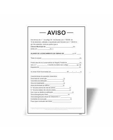 Placa de Aviso - Alvará de Licenciamento de Obras - MOD. 2 - Vertical