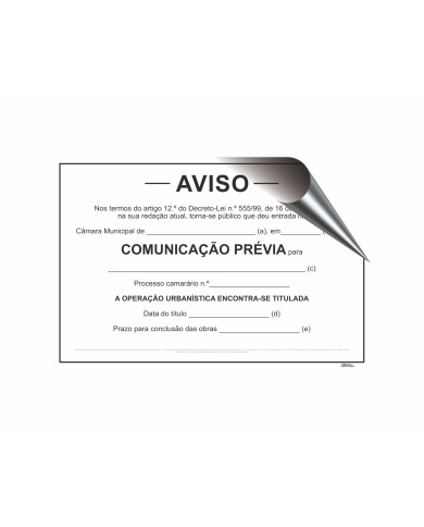Autocolante Aviso - Comunicação Prévia Titulada - Anexo XXI